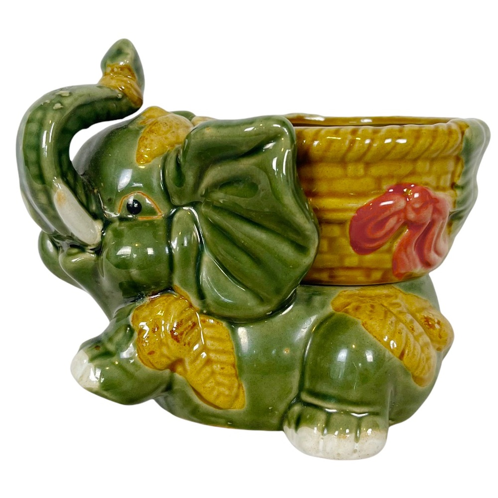 VINTAGE 1950’s Happy Jade Elephant Trunk Up Banana Leaf Basket Ceramic Planter